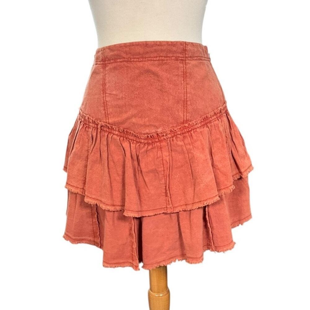 Free People Ruffle Mini Skirt Rust Orange Boho Festival Tiered Cotton Size 2